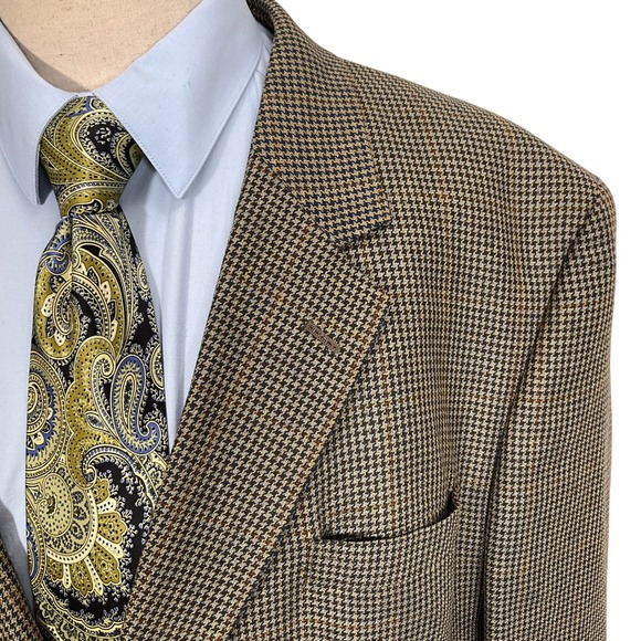 JOS A BANK Blazer Mens 52R Brown Black Houndstooth Plaid Tweed Jacket Silk Wool